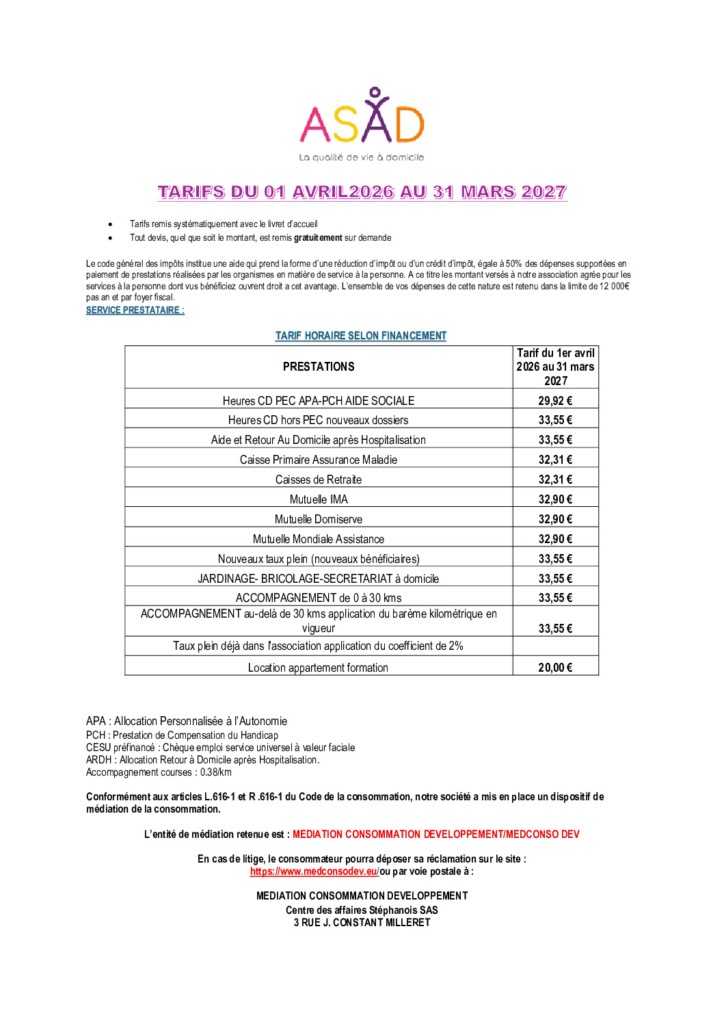 TARIFS 1 tarifs 2026 prestataire pdf